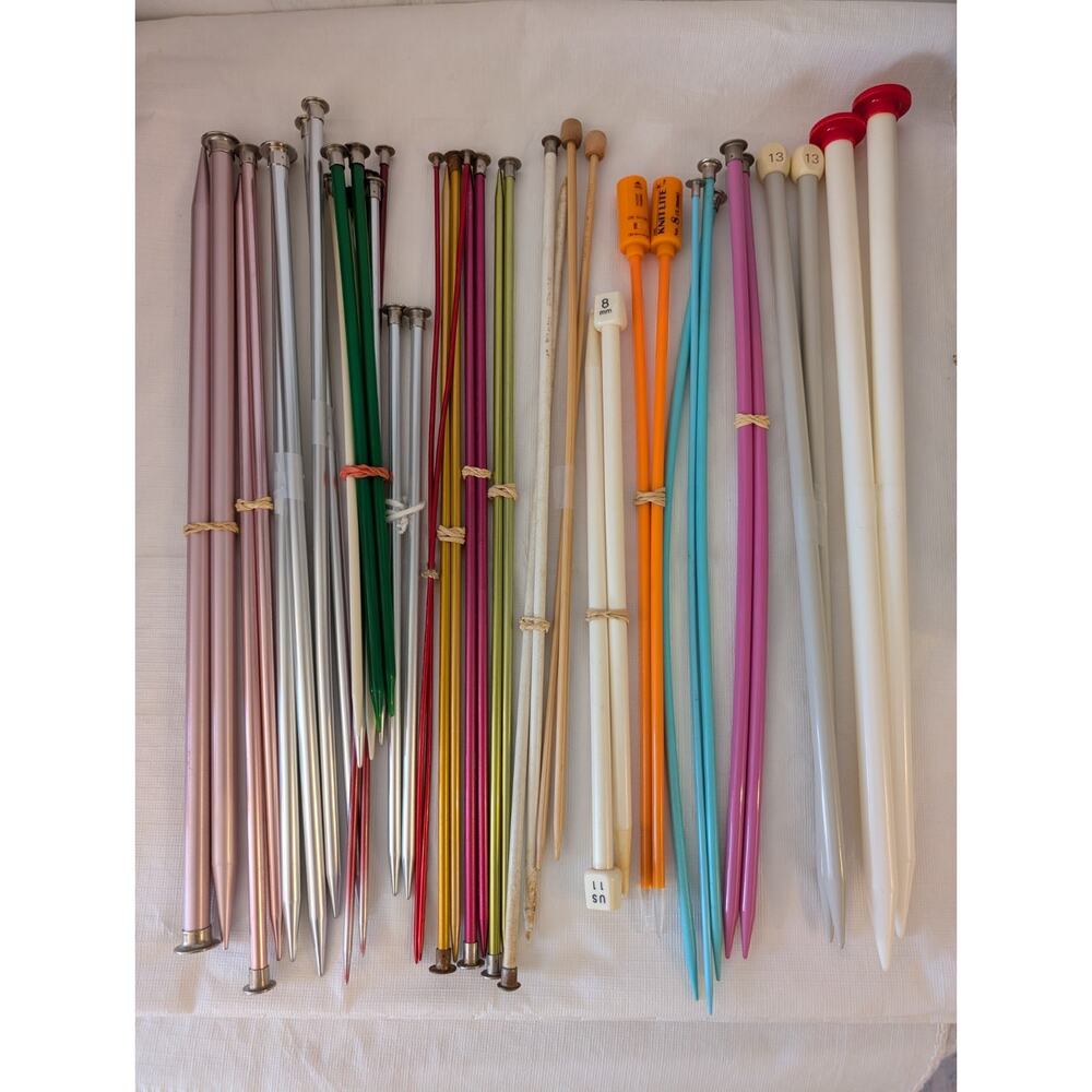 Vintage Assorted 21 Single Point Knitting Needles Aluminum Wood Asst Sizes